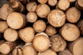 A stack of freshly cut spruce trees in cross section. Natural tree background