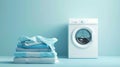 A stack of freshly laundered clothes sits neatly folded in front of a white washing machine against a light blue wall Royalty Free Stock Photo