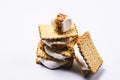 Stack of Freshly Toasted Smores with Marshmallow and Chocolate Horizontal Copy space