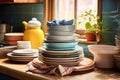stack of freshly washed dishes on a counter