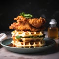 A stack of fried chicken and waffles on a plate. Generative AI image.