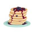 A stack of fried pancake with blueberry and blueberry jam. Delicious breakfast. Cartoon vector illustration