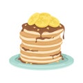 A stack of fried pancakes with bananas, chocolate sauce and nuts. Delicious breakfast. Cartoon vector illustration