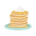 A stack of fried pancakes with honey and whipped cream. Delicious breakfast. Cartoon vector illustration