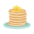 A stack of fried pancakes with slices of butter. Delicious breakfast. Cartoon vector illustration