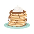 A stack of fried pancakes with whipped cream and chocolate sauce. Delicious breakfast. Cartoon vector illustration