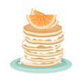 A stack of fried pancakes with whipped cream and orange slices. Delicious breakfast. Cartoon vector illustration