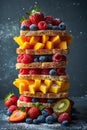 A stack of fruit on a plate with kiwi, mango and blueberries, AI Royalty Free Stock Photo