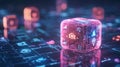A stack of futuristic digital dice with icons representing various stages in the competitive process of technological progress