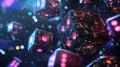 A stack of futuristic digital dice with icons representing various stages in the competitive process of technological progress