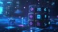 A stack of futuristic digital dice with icons representing various stages in the competitive process of technological progress