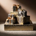 Stack of gift boxes with gold and white wrapping Royalty Free Stock Photo