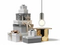 Stack of gift boxes with pendant light isolated on white background Royalty Free Stock Photo