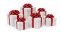 Stack of gift boxes with red bows, isolated on white background Royalty Free Stock Photo