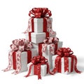 Stack of gift boxes with red ribbons isolated on white background Royalty Free Stock Photo