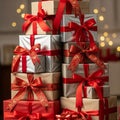 Stack of gift boxes wrapped in red, silver, and beige paper, adorned Royalty Free Stock Photo