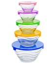 Stack of glass food containers with colorful plastic lid isolat Royalty Free Stock Photo