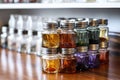 stack of glass spice jars on a pantry shelf Royalty Free Stock Photo