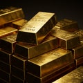 A stack of gleaming gold bars is prominently displayed, each marked with \