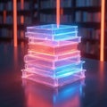 Stack of glowing digital books. Transparent covers show colorful data streams inside. Futuristic library background suggests Royalty Free Stock Photo