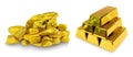 Stack 6 gold bar 1 kg and a group of the precious golds nugget