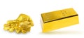 gold bar 1 kg and a group of the precious golds nugget on white background