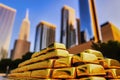 A stack of gold bars against the blurred bokeh background with the skyscrapers of the financial district, made with generative ai Royalty Free Stock Photo