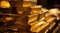 Stack of gold bars, shiny rough golden ingots closeup, much money bricks in dark room. Concept of luxury blocks, wealth, finance,