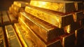 Stack of gold bars, shiny rough golden ingots closeup, much money bricks in dark room. Concept of luxury blocks, wealth, finance, Royalty Free Stock Photo