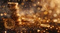 A stack of gold coins with a Bitcoin symbol on top Royalty Free Stock Photo