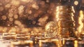 A stack of gold coins with a Bitcoin symbol on top Royalty Free Stock Photo
