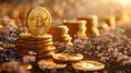 A stack of gold coins with a Bitcoin symbol on top Royalty Free Stock Photo