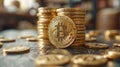 A stack of gold coins with a Bitcoin symbol on top Royalty Free Stock Photo