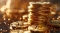 A stack of gold coins with a Bitcoin symbol on top Royalty Free Stock Photo