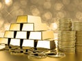 Stack of gold coins and bullions Royalty Free Stock Photo