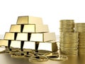 Stack of gold coins and bullions Royalty Free Stock Photo