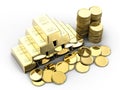 Stack of gold coins and bullions Royalty Free Stock Photo