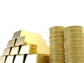 Stack of gold coins and bullions Royalty Free Stock Photo