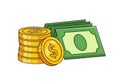 Stack of gold coins and cash bills representing wealth and financial growth Royalty Free Stock Photo