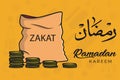 Stack of gold coins and charity money bag for zakat in holy month of Ramadan with Lantern Lamps vector illustration.