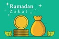 Stack of gold coins and charity money bag for zakat in holy month of Ramadan vector illustration.