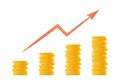 Stack of gold coins, concept of income or profit. Heap of money and arrow pointing up. Financial growth, saving money, investment