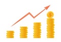 Stack of gold coins, concept of income or profit. Heap of money and arrow pointing up. Financial growth, saving money, investment