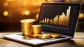 Stack of gold coins and laptop computer with stock market chart on screen