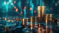 Stack of gold coins on a table, blurred city background Royalty Free Stock Photo