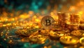A stack of gold-colored coins prominently features the Bitcoin symbol. Royalty Free Stock Photo