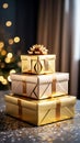 Stack of Gold Gift Boxes with Festive Bokeh Lights Royalty Free Stock Photo