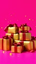Stack of gold gift boxes with red ribbons on pink background with star confetti Royalty Free Stock Photo