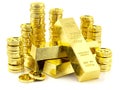 Stack of golden bars and coins