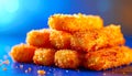 Stack of Golden Fried Mozzarella Sticks with Crispy Breadcrumbs on Blue Surface cheese breaded Royalty Free Stock Photo